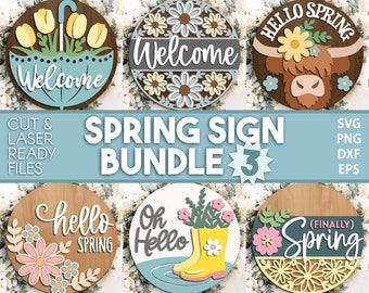 Spring Sign Bundle 3, DIGITAL download, Round door hanger svg, Glowforge laser file, Cricut, Spring flower welcome sign, Hello Spring