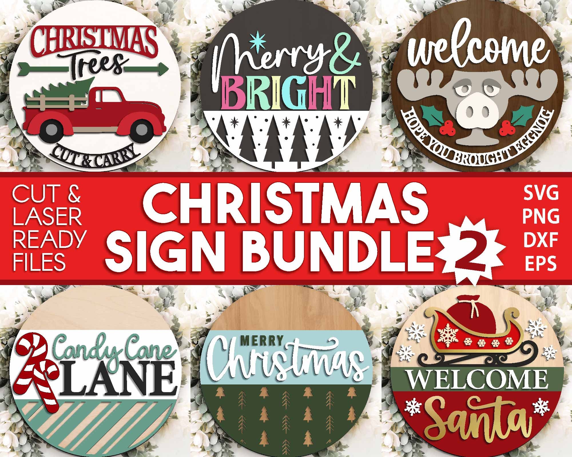 Christmas Laser Sign Bundle 2, Round Door Hanger, Glowforge Laser File ...