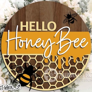 Bonjour signe d'abeille, téléchargement numérique, accroche-porte rond, signe d'été, fichier laser Glowforge, fichier de coupe Cricut, décoration murale bourdon