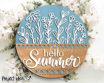 Hallo Sommer Wildblumen Rattan Muster Zeichen, digitaler Download, SVG Laser Cut Datei, Cricut, Türschild Design