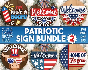 Patriotic Laser Sign Bundle 2, runder Türschild svg, Glowforge Laserdatei, Cricut, Inbezug auf den Unabhängigkeitstag svg, 4. Juli Dekor