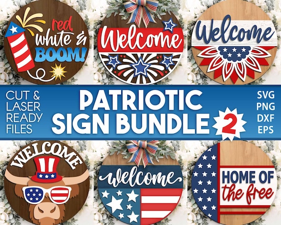Patriotic Laser Sign Bundle 2, Round door hanger svg, Glowforge laser file, Cricut, Independence Day svg, 4th July decor
