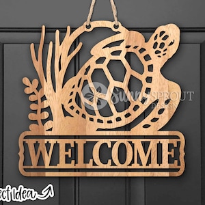 Bienvenue signe de tortue de mer, téléchargement numérique, téléchargement numérique, svg d'accroche-porte, fichier découpé au laser Glowforge, svg Cricut, signe de l'océan maison de plage