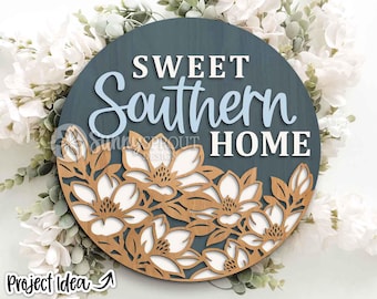 Süßes Haus im Süden Magnolie Zeichen, Runde Türschild, Glowforge Laser-Datei, Cricut, Frühling und Sommer Dekor, Türschild Blumenmuster