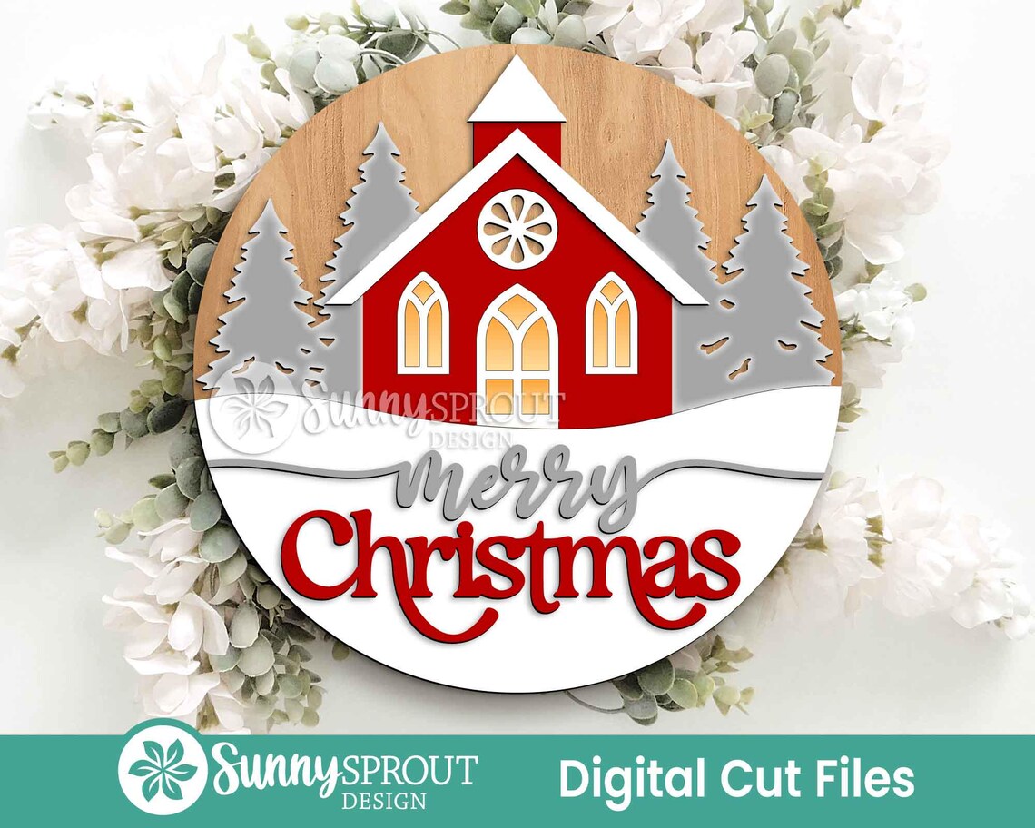 Merry Christmas Church & Pine Trees Sign, Digital Download, SVG