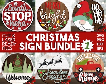 Christmas Laser Sign Bundle, Round door hanger, Glowforge laser file, Cricut cut file, Silhouette, Holiday welcome svg