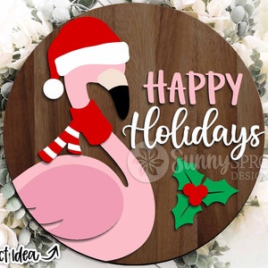 Happy Holidays Christmas Flamingo, digitale download, ronde deurhanger svg, vakantieteken, Cricut gesneden bestand, silhouet, Glowforge laserbestand
