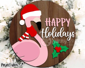 Happy Holidays Christmas Flamingo, Digital download, Round door hanger svg, Holiday sign, Cricut cut file, Silhouette, Glowforge laser file