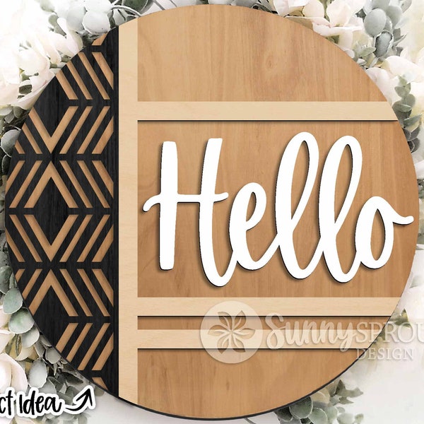 Hello Geometric Welcome Sign, Digital download, Round door hanger svg, Glowforge laser cut file, Modern pattern sign, Farmhouse door decor