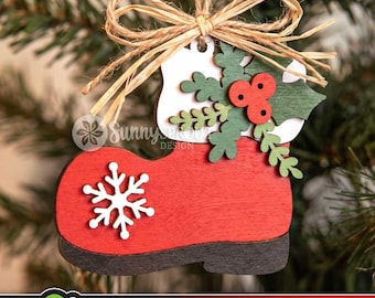 Santa Boot Holly Ornament, Digital Download, SVG Laser Cut File, Cricut, Christmas Tree Ornament Design