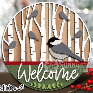 Panneau de bienvenue bouleaux et oiseaux, téléchargement numérique, accroche-porte rond, lime laser Glowforge, Cricut, décoration de vacances de Noël, enseigne d'hiver