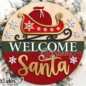 Welcome Santa Sleigh Sign, DIGITAL Download, Round door hanger svg, Glowforge laser file, Cricut, Christmas holiday decor svg