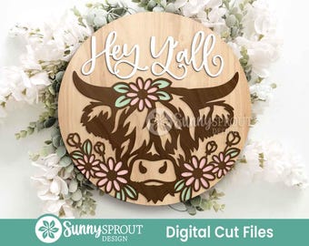 Highland Cow Flower Hey Y'all Sign, Digital download, SVG Laser cut file, Cricut, Round door hanger design, Farm animal decor