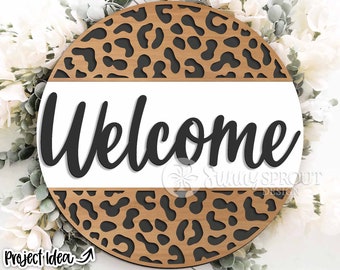 Letrero de bienvenida con estampado de guepardo, descarga digital, archivo SVG para corte láser, Cricut, diseño de colgador de puerta redondo con diseño de animal.