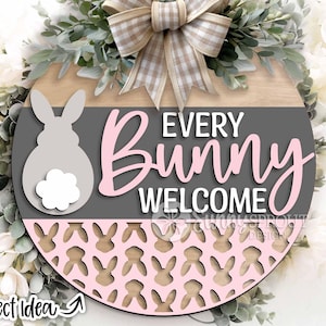 Chaque panneau de bienvenue de lapin, téléchargement numérique, svg d'accroche-porte rond, fichier laser Glowforge, Cricut, panneau de bienvenue de lapin de Pâques, svg de décoration printanière
