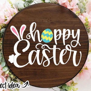 Orejas de conejo de Pascua alegres SVG, descarga digital, archivo de corte de vinilo Cricut svg, diseño de letrero de puerta redondo, diseño de camiseta, huevo de Pascua svg