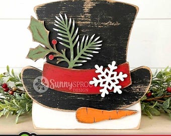 Frosty Snowman Hat Shelf Sitter, SVG Laser Cut File, Christmas Holiday Home Decor, Winter Standing Snowman SVG