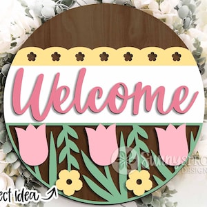 Enseigne de tulipe de bienvenue, accroche-porte rond svg, fichier découpé au laser Glowforge, Cricut, décoration de porte de printemps, panneau de bienvenue floral, panneau de Pâques