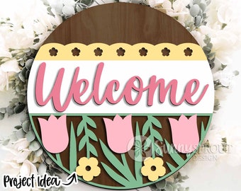 Letrero de bienvenida con forma de tulipán, descarga digital, archivo SVG para corte láser, Cricut, diseño redondo para colgar en la puerta, decoración de primavera y Pascua.