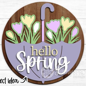 Hello Spring Umbrella Sign, Round door hanger svg, Glowforge laser cut file, Cricut svg file, Spring flower decor svg, Spring door hanger