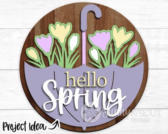 Hello Spring Umbrella, Round door hanger svg, Spring welcome sign, Glowforge laser cut file, Cricut, Silhouette, Spring flower decor file