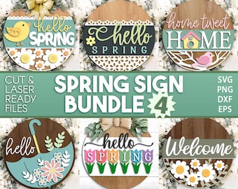 Frühlingsschild Bundle 4, Türschild, Türschild, Glowforge Laser-Datei, Cricut, Frühlingsblume Willkommensschild, Hallo Frühling