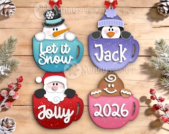 Peeking Cocoa Mug Ornament Bundle, Digital download, SVG laser cut file, Cricut, North Pole Christmas design
