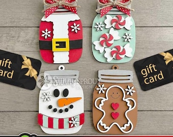 Mason Jar Gift Card Holder Ornament Bundle, Digital download, SVG laser cut file, Cricut, Christmas ornament design