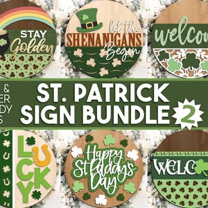 Paquete de 2 letreros láser para el Día de San Patricio, descarga digital, colgador de puerta redondo, archivo láser Glowforge, Cricut, letrero de bienvenida de trébol, trébol SVG