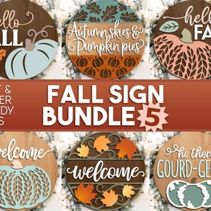 Paquete de 5 carteles láser de otoño, descarga digital, colgador de puerta redondo, archivo láser Glowforge, Cricut, cartel de bienvenida de otoño svg, calabaza de Hola otoño svg