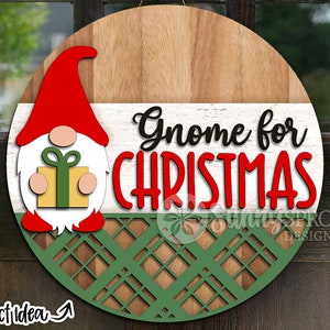 Letrero redondo de gnomo navideño, descarga digital, colgador de puerta SVG, archivo láser Glowforge, Cricut, archivo de corte de silueta, letrero de bienvenida navideño