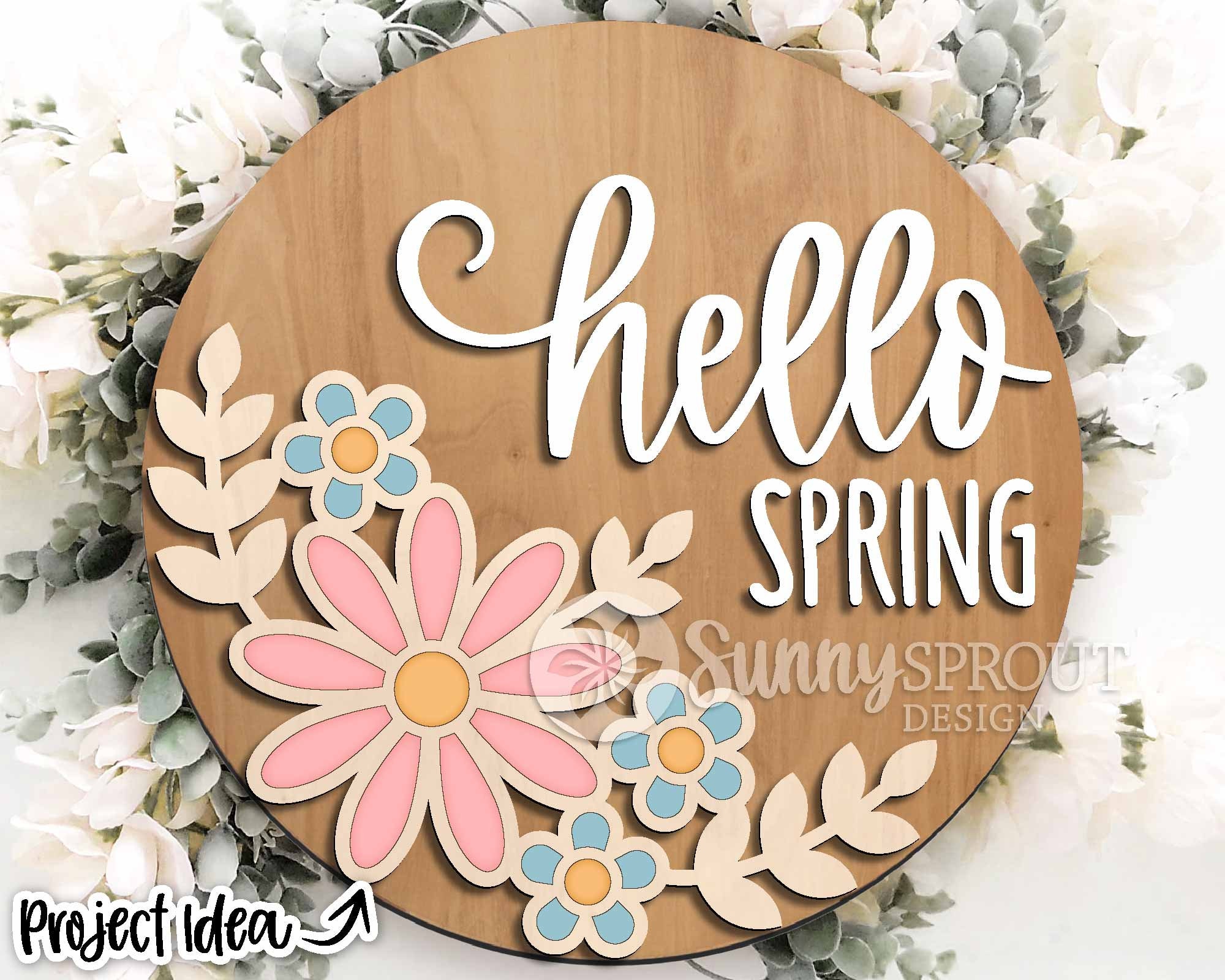 Hello Spring Floral Sign, Digital Download, Round Door Hanger SVG