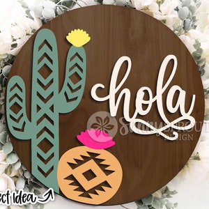 Hola Azteekse cactusteken, digitale download, ronde deurhanger svg, Glowforge laserbestand, Cricut, Southwestern decor svg, welkomstbord woestijn