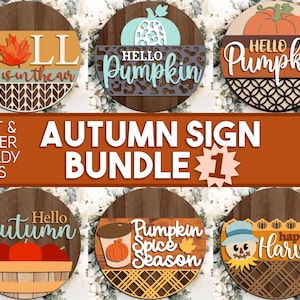 Autumn Laser Sign Bundle 1, Digital download, Round door hanger, Glowforge laser file, Cricut, Fall welcome sign svg, Hello pumpkin svg