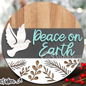 Letrero de paloma de la paz en la Tierra, descarga digital, colgador de puerta redondo de invierno en formato SVG, letrero navideño, archivo de corte láser Glowforge, Cricut