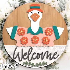 Goose Welcome Summer Sign, Digital download, Round door hanger svg, Glowforge laser file, Cricut, Floral summer svg, Interchangeable outfit