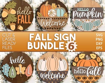 Fall Laser Sign Bundle 6, Round door hanger, Glowforge laser file, Cricut, Autumn welcome sign svg, Hello Fall pumpkin svg