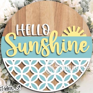 Bonjour signe soleil, téléchargement numérique, accroche-porte rond SVG, fichier découpé au laser Glowforge, fichier SVG Cricut, conception de panneau de bienvenue printemps été