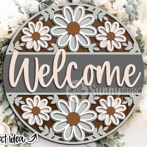 Cartello con motivo floreale di benvenuto, download digitale, appendino rotondo per porta in formato SVG, file laser Glowforge, Cricut, decorazioni primaverili, estate, cartello floreale per porta