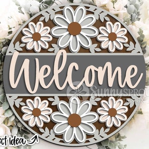 Welcome Flower Pattern Sign, Digital download, Round door hanger svg, Glowforge laser file, Cricut, Spring decor, Summer, Floral door sign