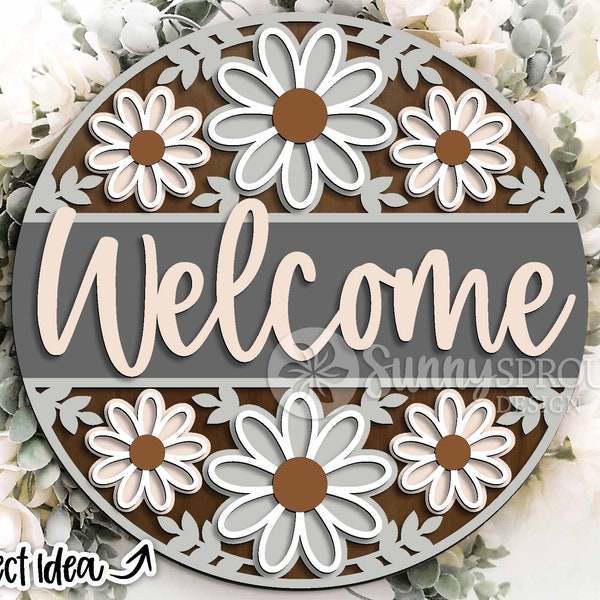 Signo de patrón de flores de bienvenida, Descarga digital, Percha de puerta redonda svg, Archivo láser Glowforge, Cricut, Decoración de primavera, Verano, Letrero de puerta floral