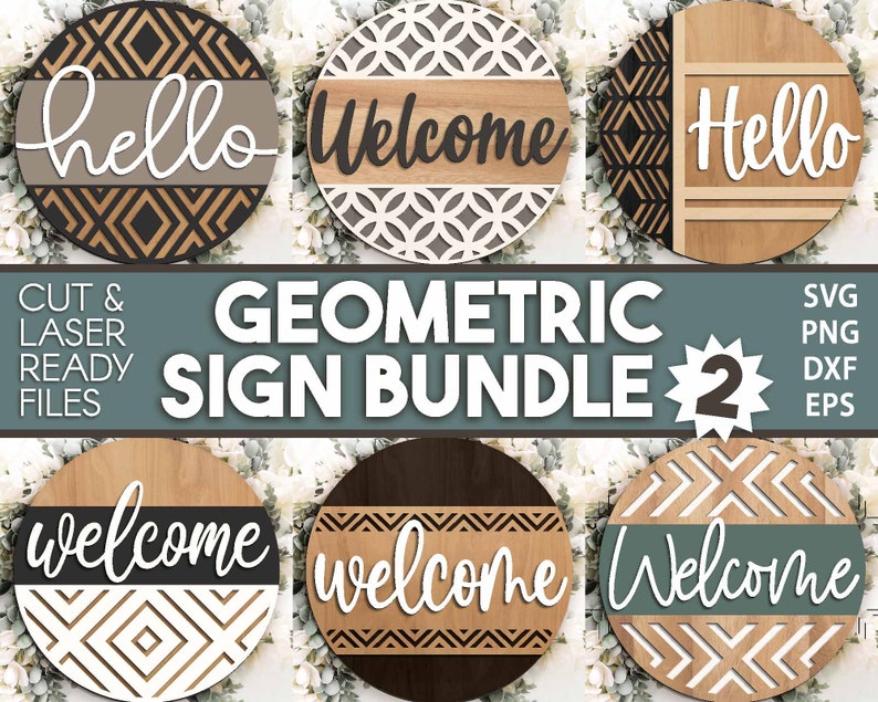 May include: A set of six round wooden signs with geometric patterns and the words "hello" and "welcome" in white lettering. The signs are perfect for adding a modern touch to any home decor.