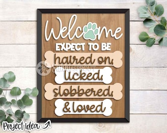 Welcome Dog Bone Loved Sign, Digital download, Rectangle wall shelf art SVG, Glowforge laser cut file, Cricut, Dog pet animal decor