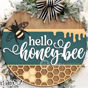 Enseigne en nid d'abeille Hello Honey Bee, téléchargement numérique, accroche-porte rond, fichier laser Glowforge, Cricut, décor en nid d'abeille bourdon, enseigne d'été