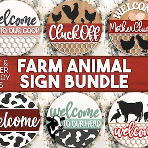 Bundle de panneaux laser animaux de la ferme, téléchargement numérique, svg d'accroche-porte rond, fichier laser Glowforge, Cricut, panneau de bienvenue pour poulailler, décoration vache