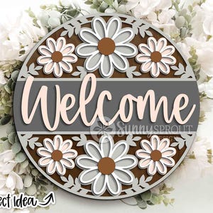 Welkom bloemenpatroonteken, ronde deurhanger svg, Glowforge laserbestand, Cricut, lente decor, zomer, bloemen deurbord