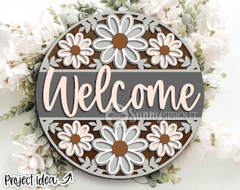 Welcome Flower Pattern Sign, Round door hanger svg, Glowforge laser file, Cricut, Spring decor, Summer, Floral door sign