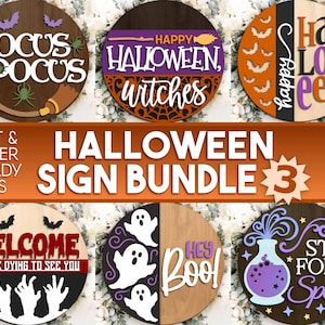 Może przedstawiać: Zestaw 6 okrągłych znaków z motywem Halloween o różnych wzorach, w tym "Hocus Pocus", "Happy Halloween Witches", "Happy Halloween", "Witamy, umieramy, żeby cię zobaczyć", "Hej Boo!" i "Zostań na zaklęcie".