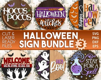Halloween Laser Sign Bundle 3, Round door hanger, Glowforge laser file, Cricut cut file, Fall welcome sign, Spooky svg