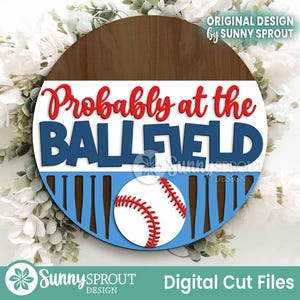 おそらく野球場の看板、丸いドアハンガーSVG、Glowforgeレーザーファイル、Cricut、スポーツ歓迎SVG、野球